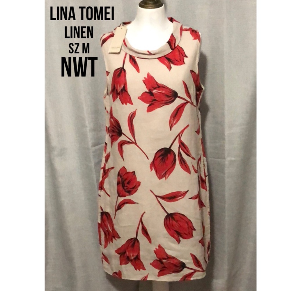 NWT Lina Tomei Linen Dress-Sz M-Beige and Red Floral Print-Wider Folded Collar
